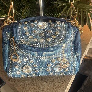 Beautiful, studded denim and gold stoned unique cross body purse.